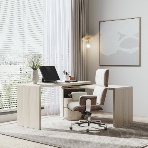 HMR Modern Set L-Shaped Desk & Reclining Leather Office Adjustable Swivel Chair - Wash White