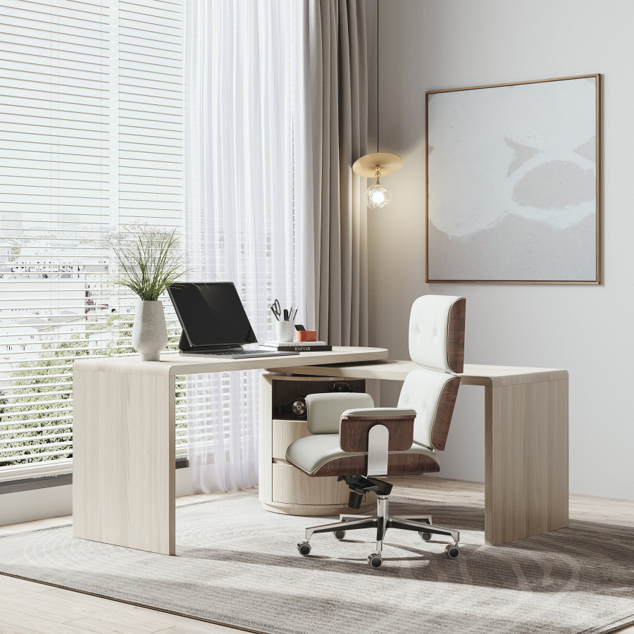 HMR Modern Set L-Shaped Desk & Reclining Leather Office Adjustable Swivel Chair - Wash White