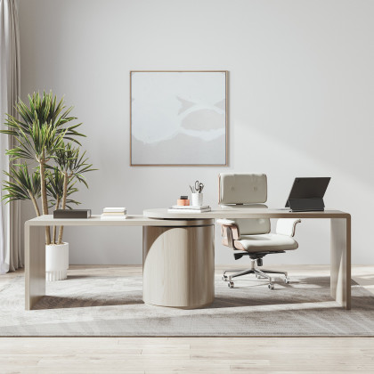 HMR Modern Set L-Shaped Desk & Reclining Leather Office Adjustable Swivel Chair - Wash White