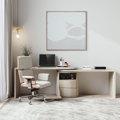 HMR Modern Set L-Shaped Desk & Reclining Leather Office Adjustable Swivel Chair - Wash White