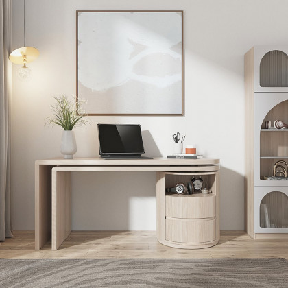HMR Modern Set L-Shaped Desk & Reclining Leather Office Adjustable Swivel Chair - Wash White