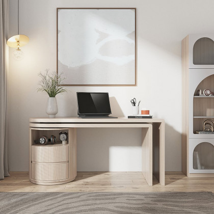HMR Modern Set L-Shaped Desk & Reclining Leather Office Adjustable Swivel Chair - Wash White