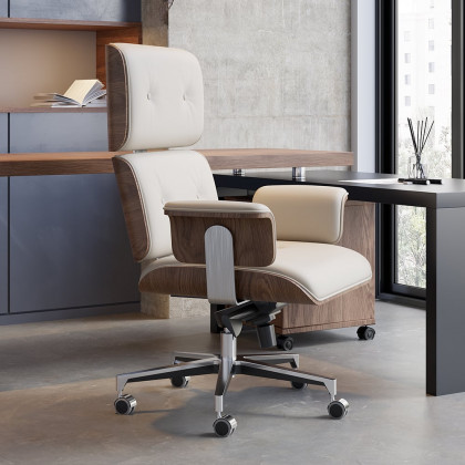 HMR Modern Set L-Shaped Desk & Reclining Leather Office Adjustable Swivel Chair - Wash White