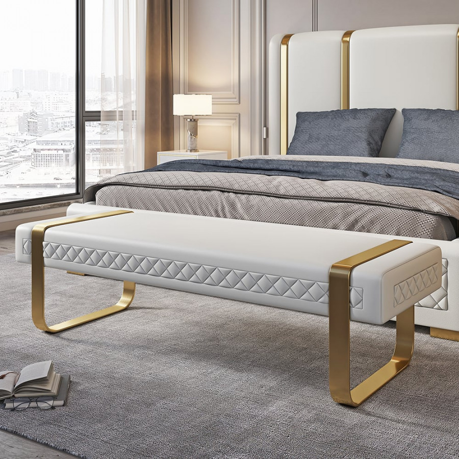 HMR - Modern White Faux Leather Upholstered Bedroom Bench with Stainless Steel Frame