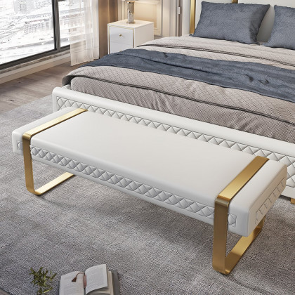 HMR - Modern White Faux Leather Upholstered Bedroom Bench with Stainless Steel Frame