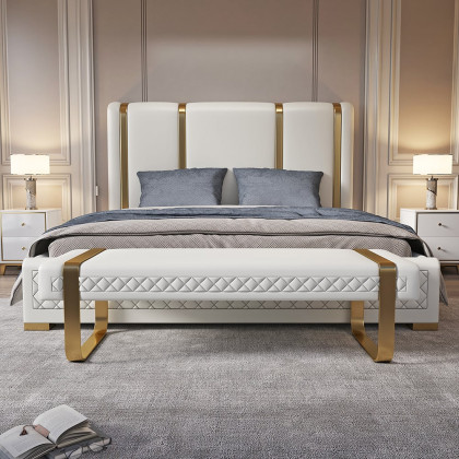 HMR - Modern White Faux Leather Upholstered Bedroom Bench with Stainless Steel Frame