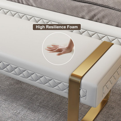 HMR - Modern White Faux Leather Upholstered Bedroom Bench with Stainless Steel Frame