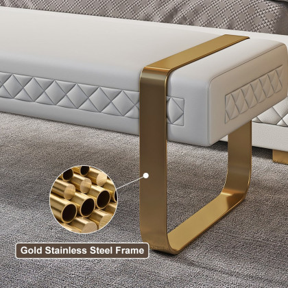 HMR - Modern White Faux Leather Upholstered Bedroom Bench with Stainless Steel Frame