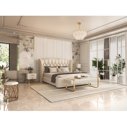 HMR - Modern White Faux Leather Upholstered Bedroom Bench with Stainless Steel Frame
