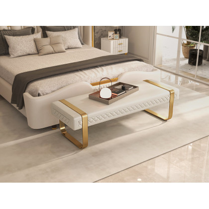 HMR - Modern White Faux Leather Upholstered Bedroom Bench with Stainless Steel Frame