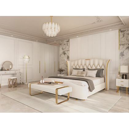 HMR - Modern White Faux Leather Upholstered Bedroom Bench with Stainless Steel Frame