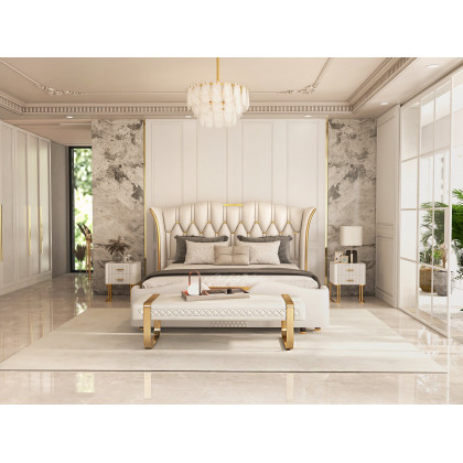 HMR - Modern White Faux Leather Upholstered Bedroom Bench with Stainless Steel Frame