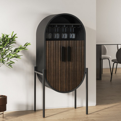 HMR - Industrial Black Oval Bar Cabinet with Glass & Wine Rack Home Bar Cabinet