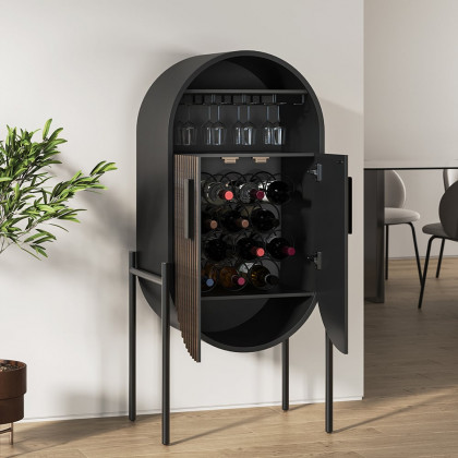 HMR - Industrial Black Oval Bar Cabinet with Glass & Wine Rack Home Bar Cabinet