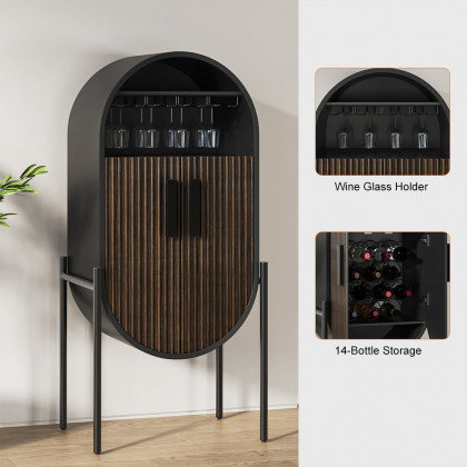 HMR - Industrial Black Oval Bar Cabinet with Glass & Wine Rack Home Bar Cabinet