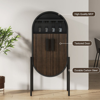 HMR - Industrial Black Oval Bar Cabinet with Glass & Wine Rack Home Bar Cabinet