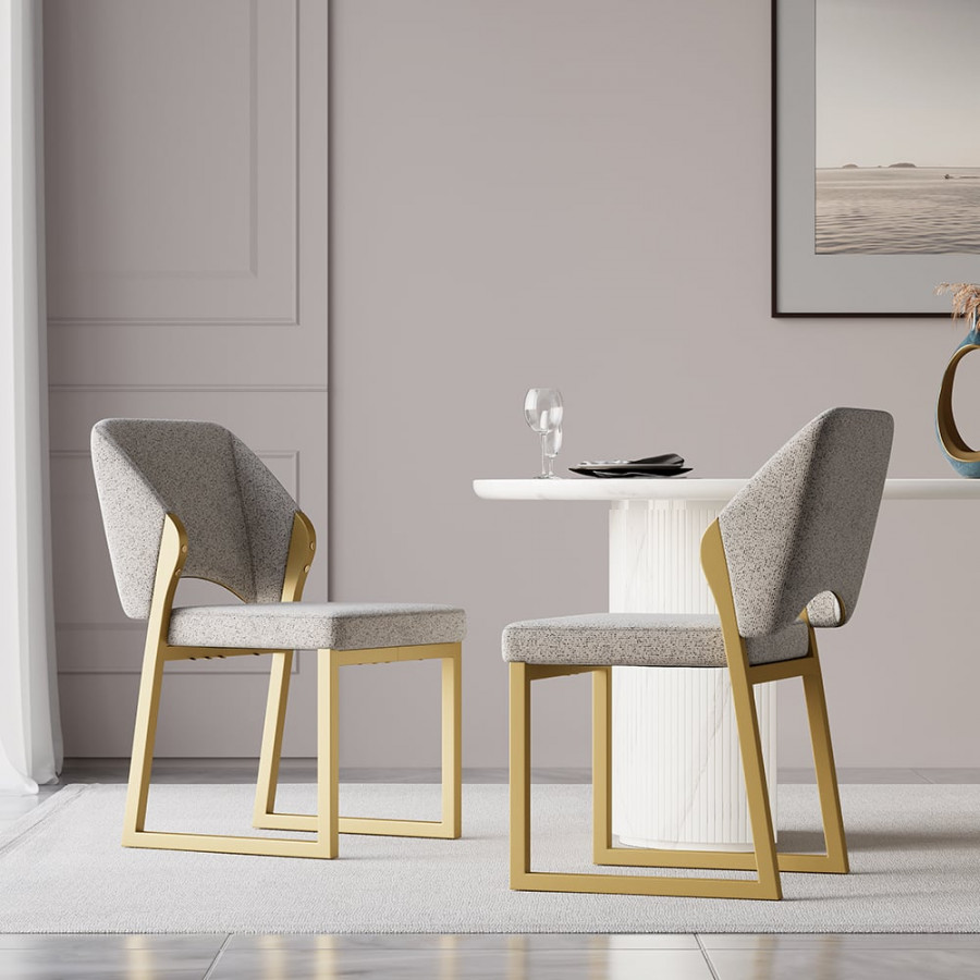 HMR - Modern Dining Chairs Gold with Linen Upholstery (Set of 2) - Light Gray