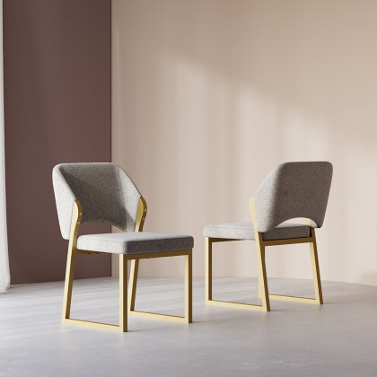 HMR - Modern Dining Chairs Gold with Linen Upholstery (Set of 2) - Light Gray