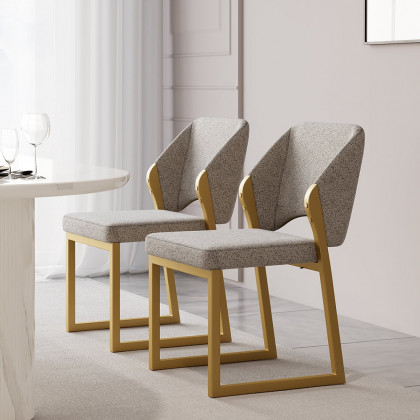 HMR - Modern Dining Chairs Gold with Linen Upholstery (Set of 2) - Light Gray