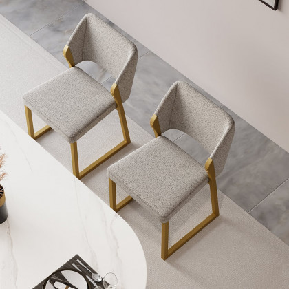 HMR - Modern Dining Chairs Gold with Linen Upholstery (Set of 2) - Light Gray