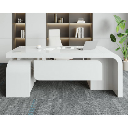 HMR L-shaped Modern Executive Desk & Reclining Leather Office Chair - White, 70.9"L x 63.0"W x 29.9"H, Left Hand