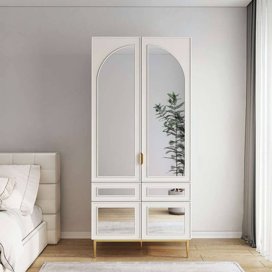HMR - Modern Farmhouse White Armoire Clothes Cabinet with Arched Mirror 2 Drawers & 4 Doors