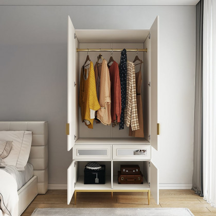 HMR - Modern Farmhouse White Armoire Clothes Cabinet with Arched Mirror 2 Drawers & 4 Doors