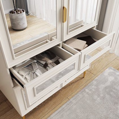 HMR - Modern Farmhouse White Armoire Clothes Cabinet with Arched Mirror 2 Drawers & 4 Doors