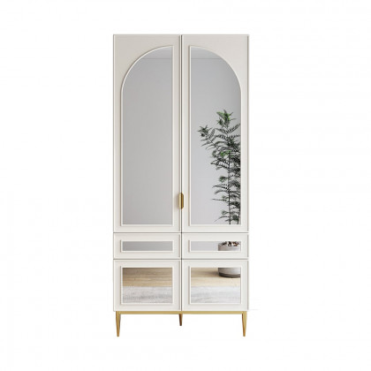 HMR - Modern Farmhouse White Armoire Clothes Cabinet with Arched Mirror 2 Drawers & 4 Doors