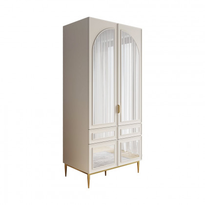 HMR - Modern Farmhouse White Armoire Clothes Cabinet with Arched Mirror 2 Drawers & 4 Doors
