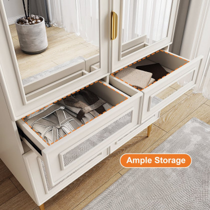 HMR - Modern Farmhouse White Armoire Clothes Cabinet with Arched Mirror 2 Drawers & 4 Doors