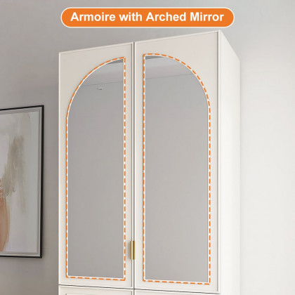 HMR - Modern Farmhouse White Armoire Clothes Cabinet with Arched Mirror 2 Drawers & 4 Doors