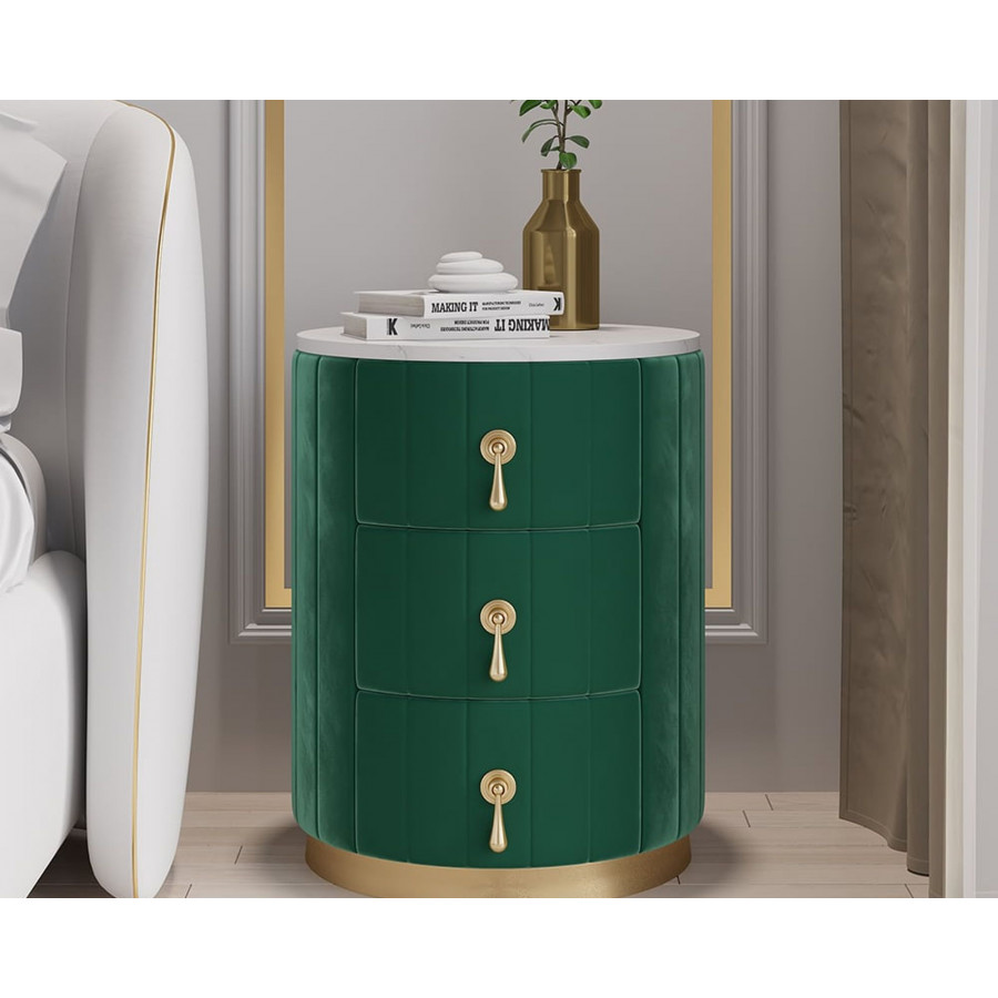 HMR 3-Drawer Round Nightstand (Set of 2) - Green, Velvet
