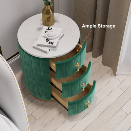 HMR 3-Drawer Round Nightstand (Set of 2) - Green, Velvet