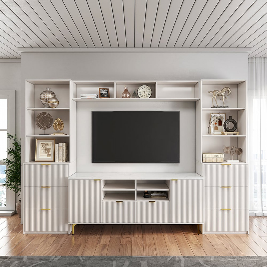 HMR - 114.2" Fluted Wood Storage 4-Piece Entertainment Center with Bookshelf White TV Stand