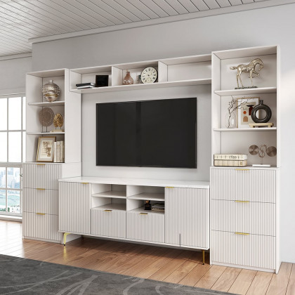 HMR - 114.2" Fluted Wood Storage 4-Piece Entertainment Center with Bookshelf White TV Stand