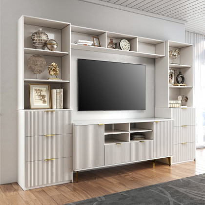 HMR - 114.2" Fluted Wood Storage 4-Piece Entertainment Center with Bookshelf White TV Stand