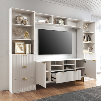 HMR - 114.2" Fluted Wood Storage 4-Piece Entertainment Center with Bookshelf White TV Stand