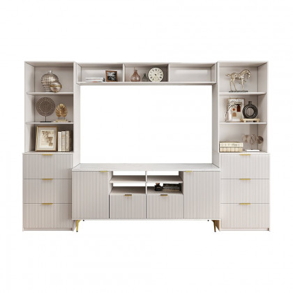 HMR - 114.2" Fluted Wood Storage 4-Piece Entertainment Center with Bookshelf White TV Stand