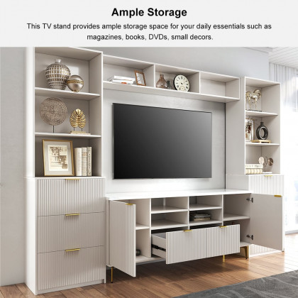HMR - 114.2" Fluted Wood Storage 4-Piece Entertainment Center with Bookshelf White TV Stand