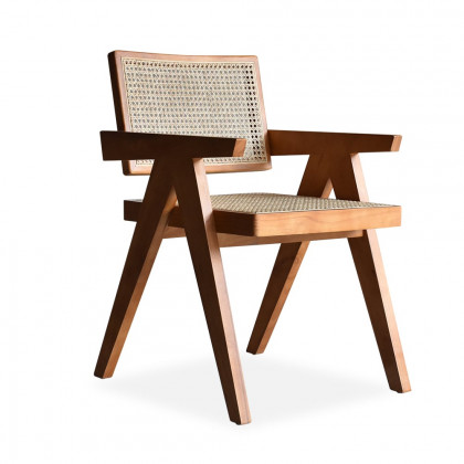 HMR Archic Japandi Bleached Wood Rattan Dining Chair with Solid Wood Frame - Walnut, Without Upholstery, 4-Pieces