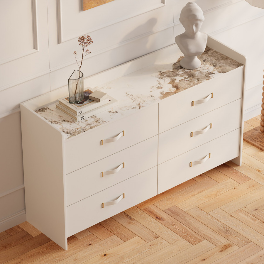 HMR - 59"W Modern White 6 Drawer Dresser Chest Bedroom Storage Cabinet