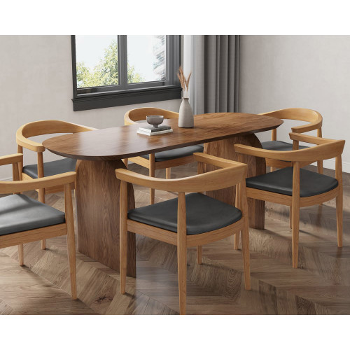 HMR Dining Set 70.9" Japandi Dining Table - Walnut, With 6 Chairs, Style B