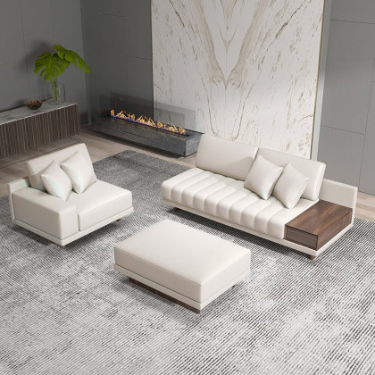 HMR 126" L-Shaped Modular Sectional with Chaise & Ottoman - Ivory, Leather
