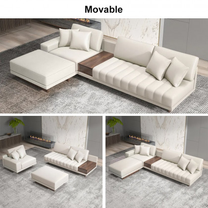 HMR 126" L-Shaped Modular Sectional with Chaise & Ottoman - Ivory, Leather