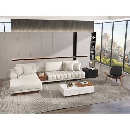 HMR 126" L-Shaped Modular Sectional with Chaise & Ottoman - Ivory, Leather