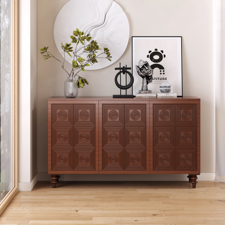 HMR - 63'' Brown Wood Carved Modern Sideboard Cabinet