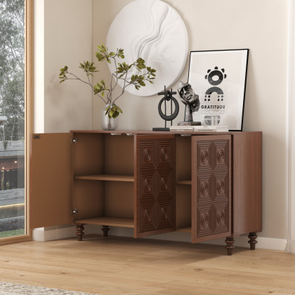 HMR - 63'' Brown Wood Carved Modern Sideboard Cabinet