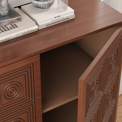 HMR - 63'' Brown Wood Carved Modern Sideboard Cabinet