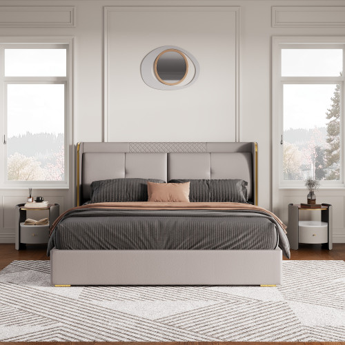 HMR Wingback Bed Headboard & 2 Nightstands Set with Wireless Charger - Light Gray, Queen, Style B